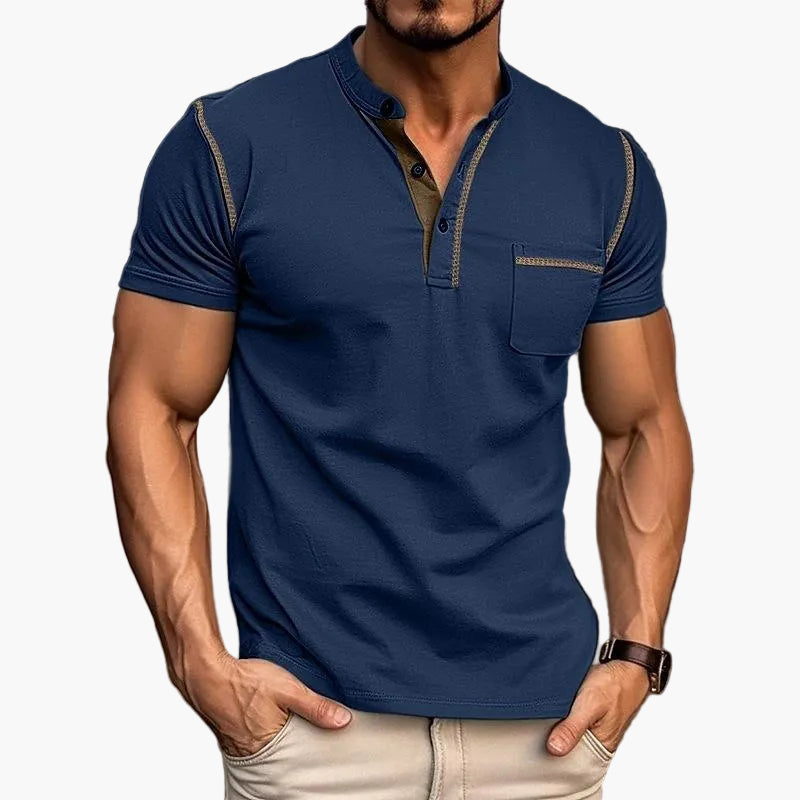 Herr T-shirt med Henley-krage och färgblock, kortärmad – Modern och avslappnad stil för vardag och fritid