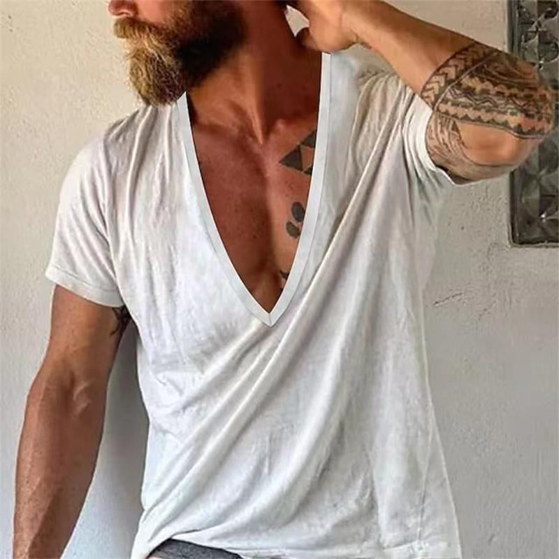 Herr T-shirt med djup V-ringning, avslappnad stil, kort ärm – Perfekt för vardag och sommar