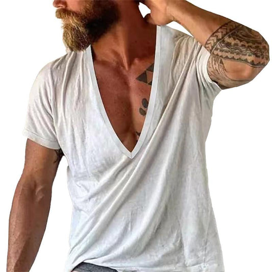 Herr T-shirt med djup V-ringning, avslappnad stil, kort ärm – Perfekt för vardag och sommar