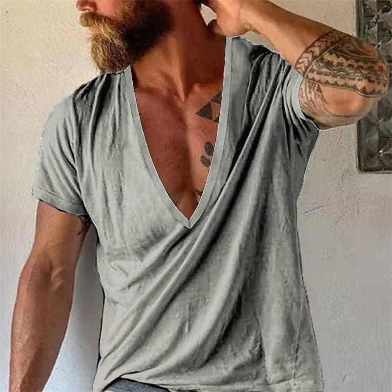Herr T-shirt med djup V-ringning, avslappnad stil, kort ärm – Perfekt för vardag och sommar