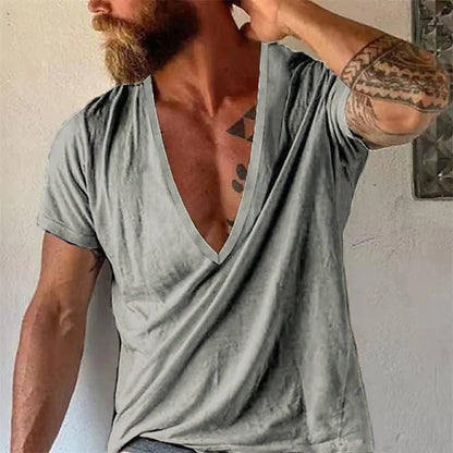 Herr T-shirt med djup V-ringning, avslappnad stil, kort ärm – Perfekt för vardag och sommar