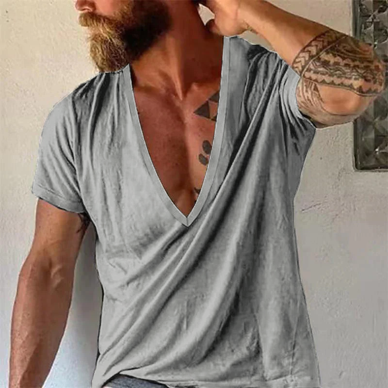 Herr T-shirt med djup V-ringning, avslappnad stil, kort ärm – Perfekt för vardag och sommar