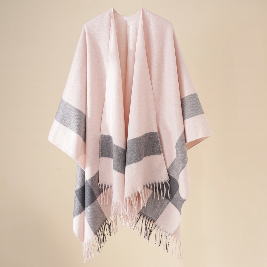 Beige rutig poncho med fransar, mjuk halsdukscape för dam
