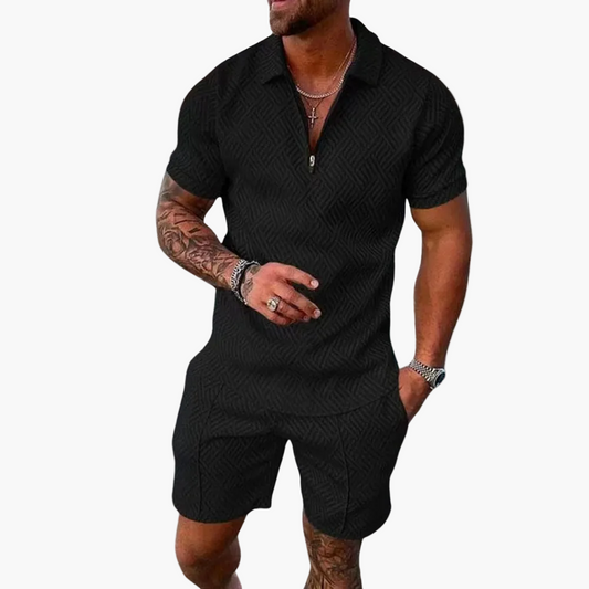 Herrset – Modern Zip-Piké och Shorts för Sommar, Avslappnad Stil, Trendig Vardagslook