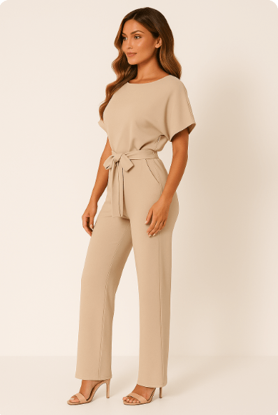 Dam Jumpsuit med Knytband i Midjan – Elegant och Mångsidig Fest- och Vardagsoutfit