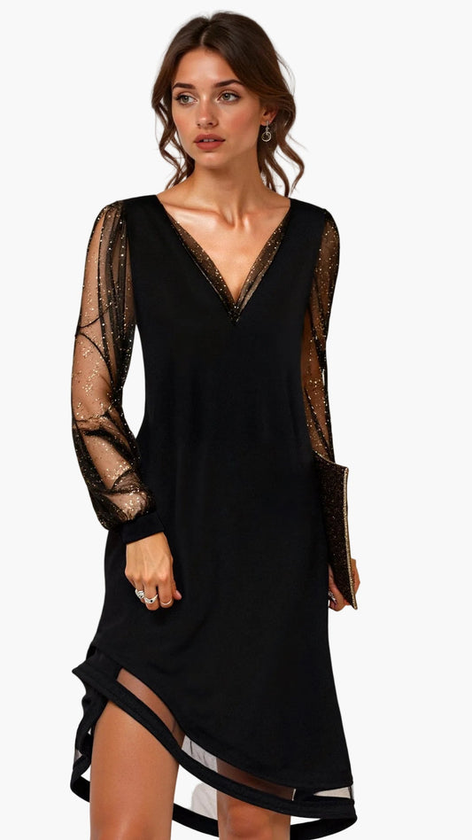 Damklänning för fest och kväll, transparenta ärmar, elegant och sofistikerad