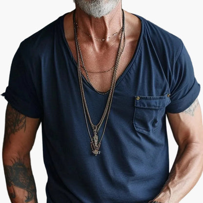 Herr T-shirt med V-ringning och bröstficka – Modern avslappnad stil för vardagsbruk