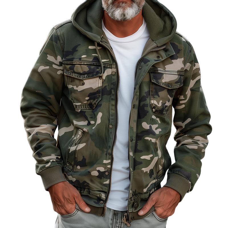 Herrjacka med huva – Cargo Camouflagejacka för utomhusbruk och streetwear