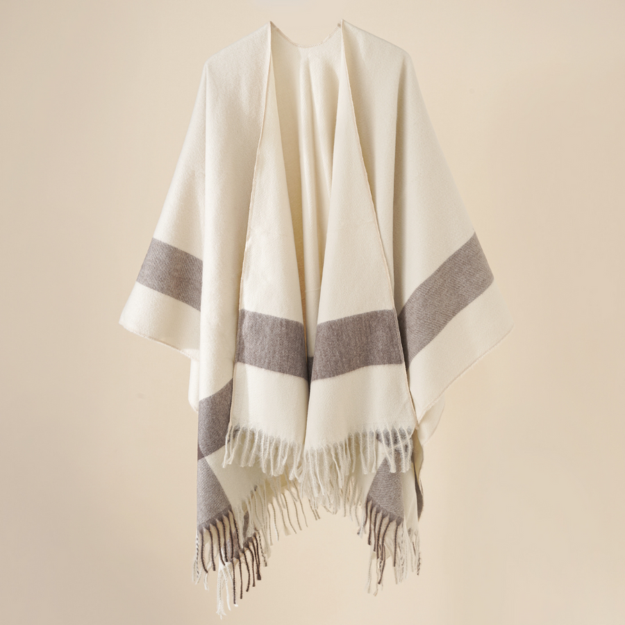 Beige rutig poncho med fransar, mjuk halsdukscape för dam
