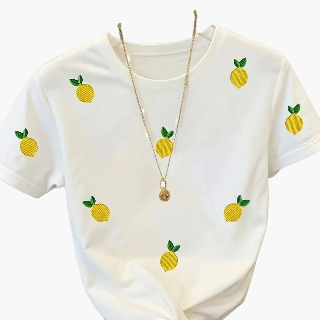 Dam T-shirt med citronbrodyr – Trendig casual stil för vardagsbruk
