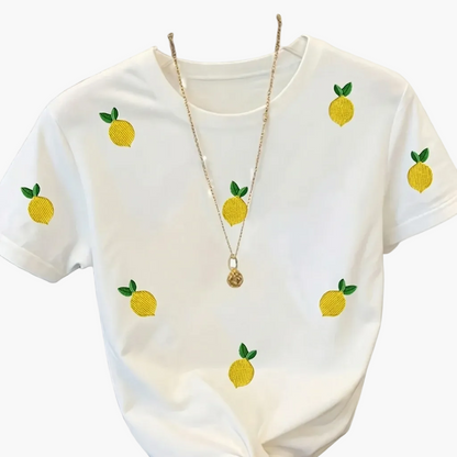 Dam T-shirt med citronbrodyr – Trendig casual stil för vardagsbruk