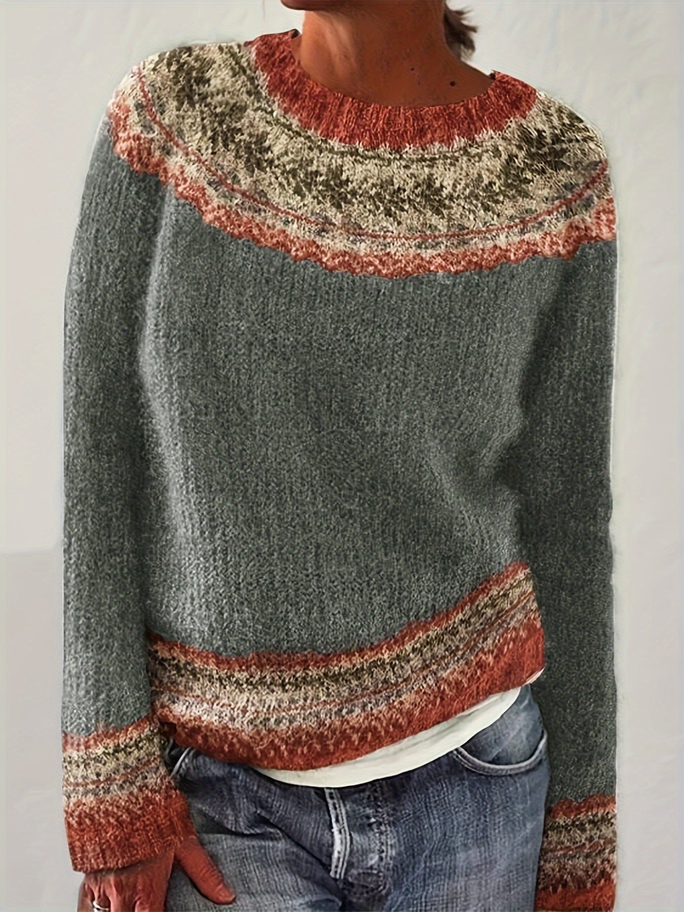 Dam Stickad Tröja med Fair Isle-mönster – Klassisk och Varm för Vinter och Höst