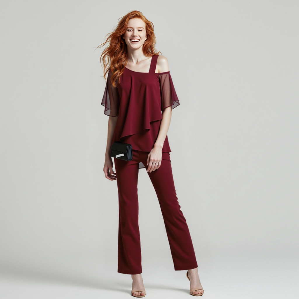 Damernas eleganta tvådelad byxdress med asymmetrisk topp – perfekt för fest, affärsmöten och speciella tillfällen