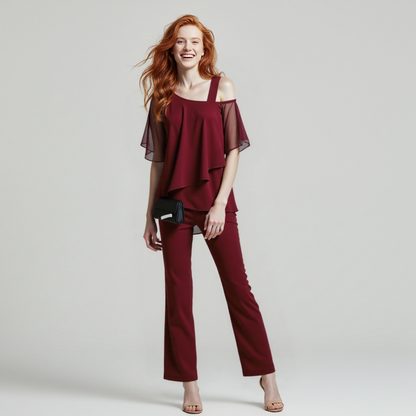 Damernas eleganta tvådelad byxdress med asymmetrisk topp – perfekt för fest, affärsmöten och speciella tillfällen
