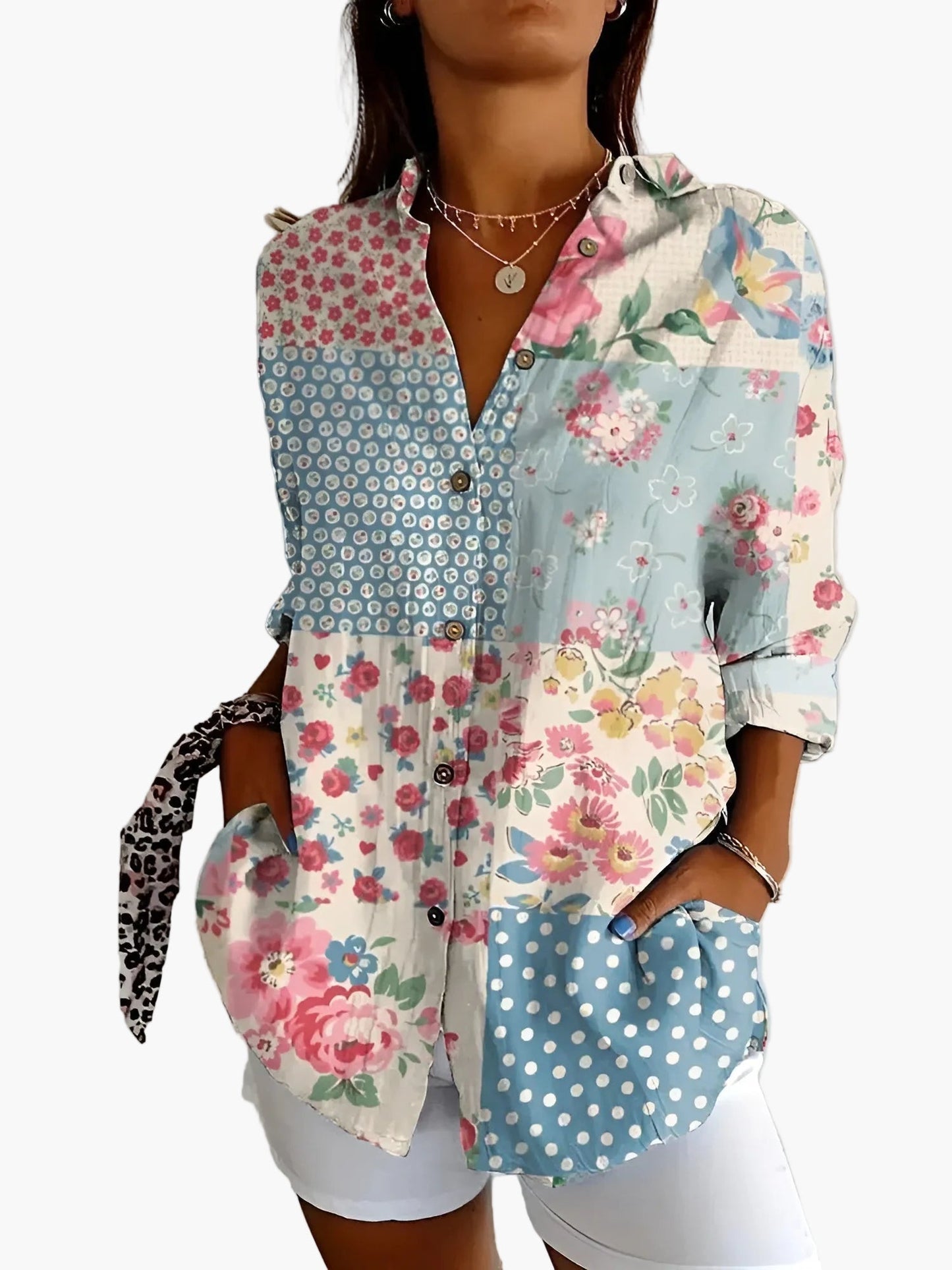 Dam Blus Skjorta Med Knapp Långärmad Blommig Elegant Vardagsstil
