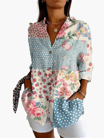 Dam Blus Skjorta Med Knapp Långärmad Blommig Elegant Vardagsstil