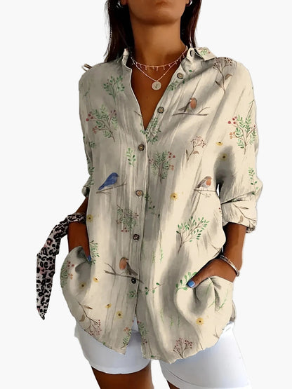Dam Blus Skjorta Med Knapp Långärmad Blommig Elegant Vardagsstil