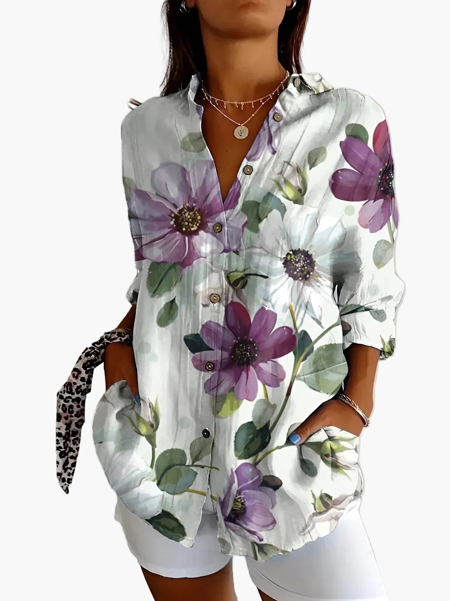 Dam Blus Skjorta Med Knapp Långärmad Blommig Elegant Vardagsstil