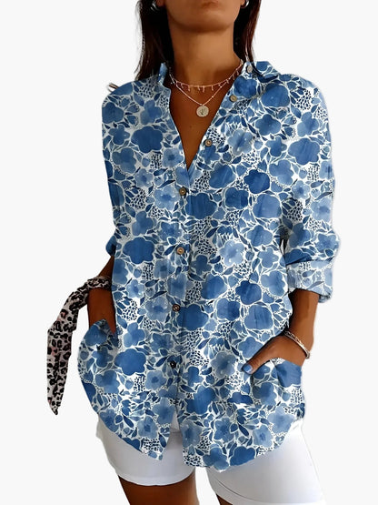 Dam Blus Skjorta Med Knapp Långärmad Blommig Elegant Vardagsstil