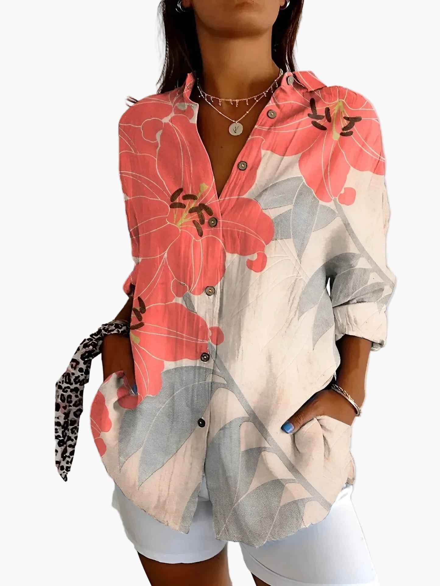 Dam Blus Skjorta Med Knapp Långärmad Blommig Elegant Vardagsstil