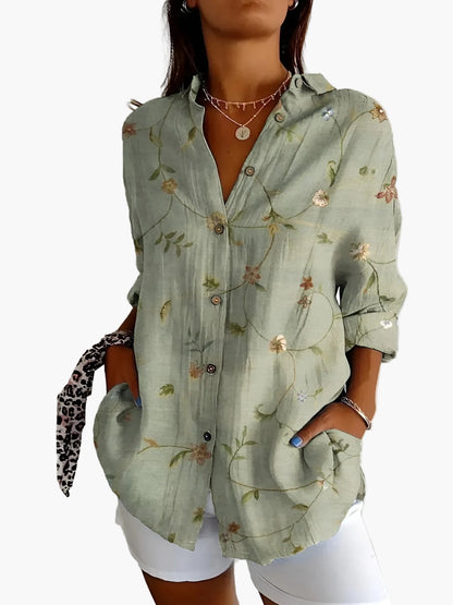 Dam Blus Skjorta Med Knapp Långärmad Blommig Elegant Vardagsstil