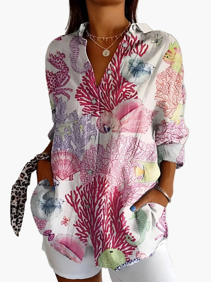 Dam Blus Skjorta Med Knapp Långärmad Blommig Elegant Vardagsstil