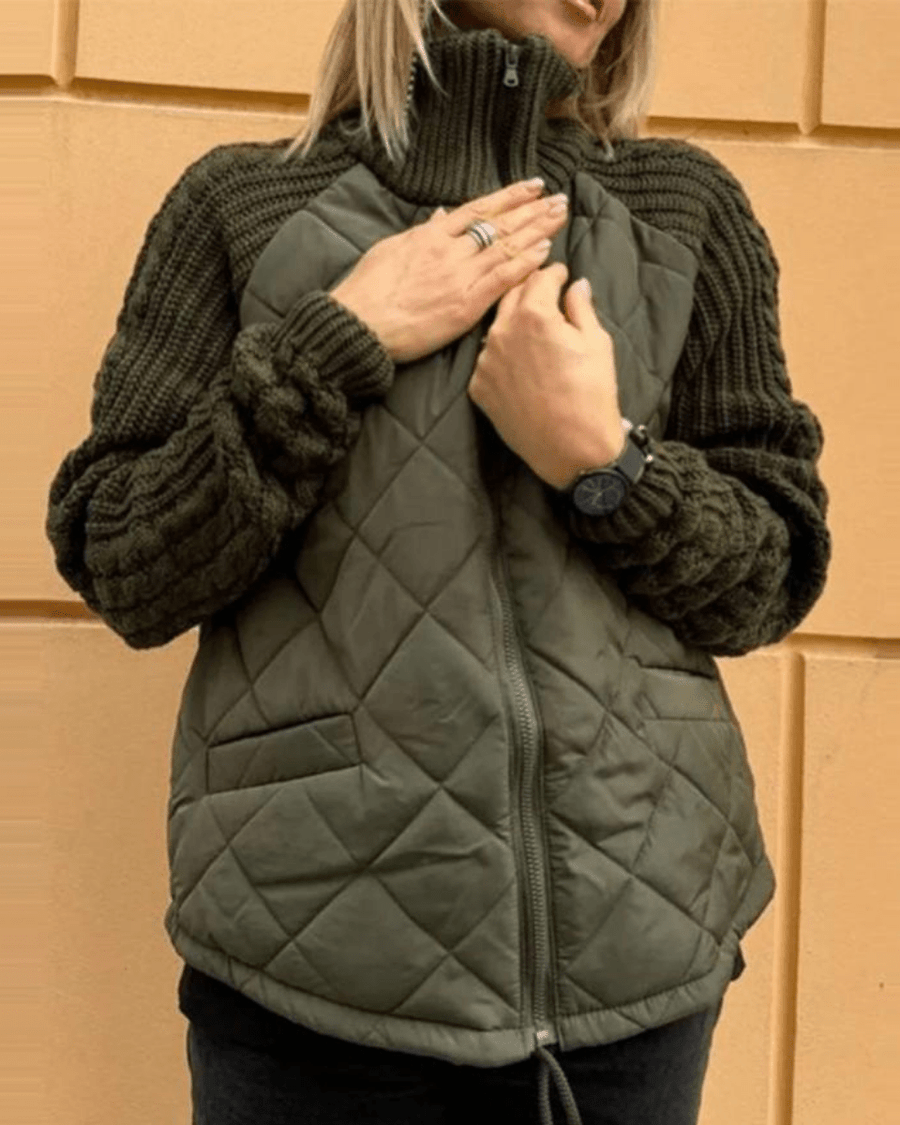 Kvinnors Quiltad Jacka med Stickade Ärmar, Dragkedja, Hög Krage