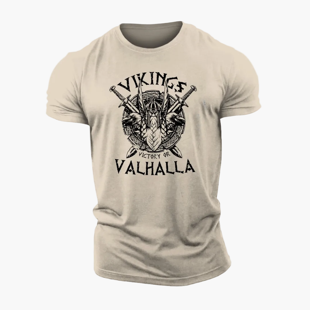 Herr T-shirt Vikingstil – Victory or Valhalla, Skandinavisk Mytologi, Streetwear