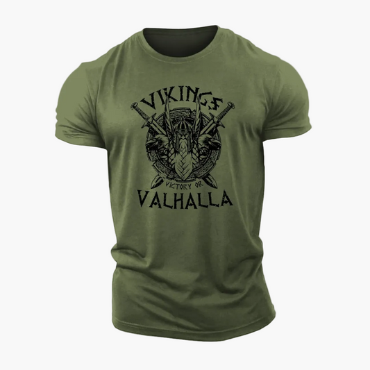 Herr T-shirt Vikingstil – Victory or Valhalla, Skandinavisk Mytologi, Streetwear