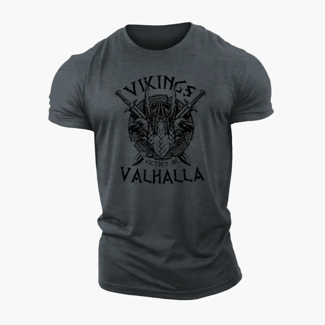 Herr T-shirt Vikingstil – Victory or Valhalla, Skandinavisk Mytologi, Streetwear