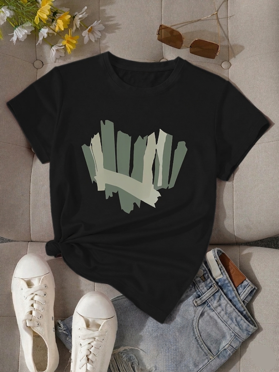 Dam T-shirt med abstrakt geometriskt tryck – avslappnad och trendig vardagsstil