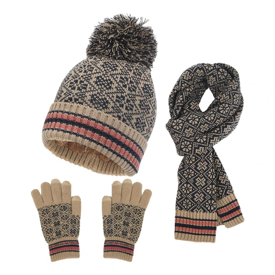 Unisex möss- halsduks- & handskset med pompom, beige, mönstrat stickat